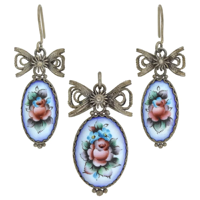 Women’s vintage diamond earrings-Art Deco Sterling Hand-Painted Porcelain Earrings + Pendant Set