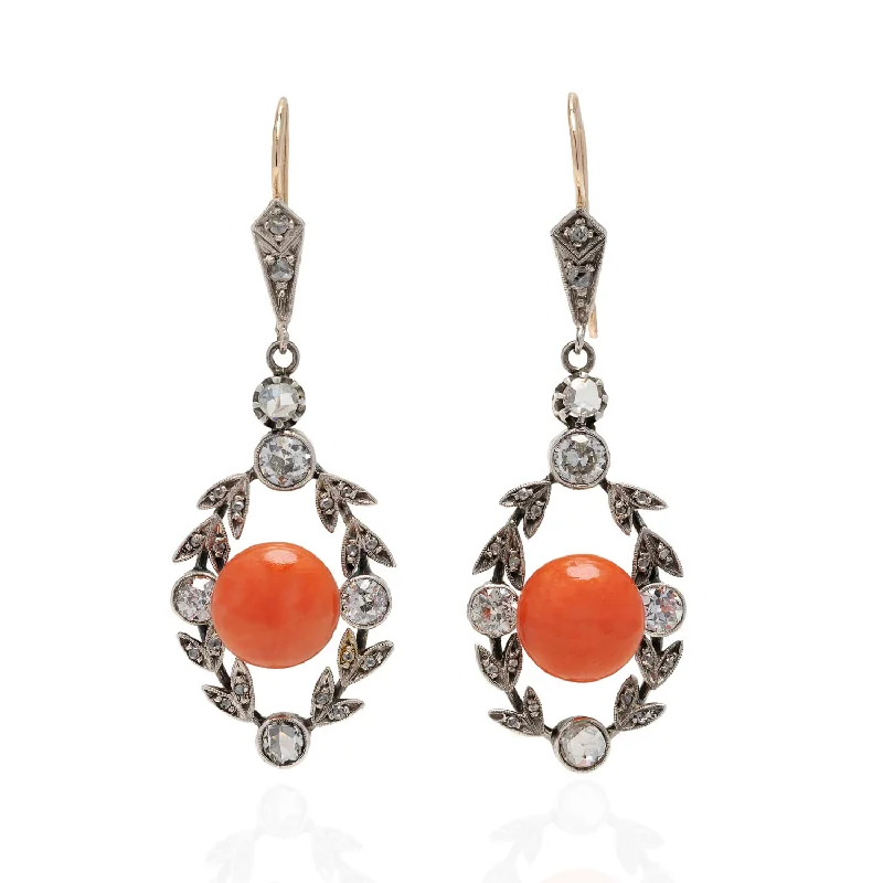 Women’s gold hoop earrings-Victorian 14kt/Sterling Natural Coral + Diamond Foliate Dangle Earrings 2.75ctw