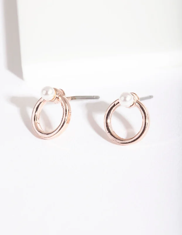 Women’s black gold earrings-Rose Gold Circle Fixed Pearl Stud Earrings