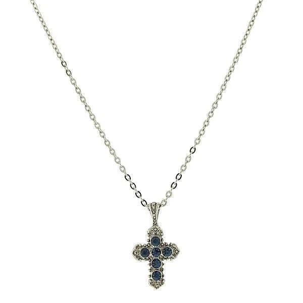 Women’s sapphire necklace-Symbols Of Faith Blue Crystal Cross Pendant Necklace 16" + 3" Extender