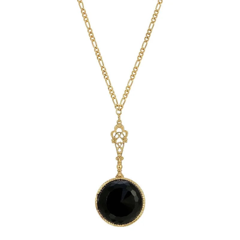 Women’s gold heart necklace-1928 Jewelry Deco Black Faceted Stone Pendant Necklace 28"