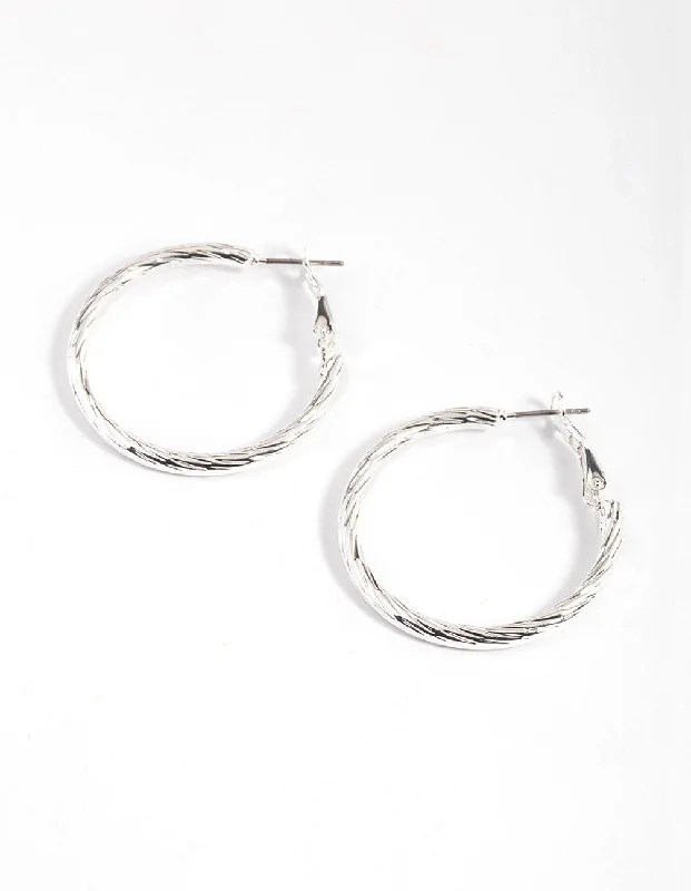 Women’s pearl stud earrings-Silver Twisted Texture Hoop Earrings