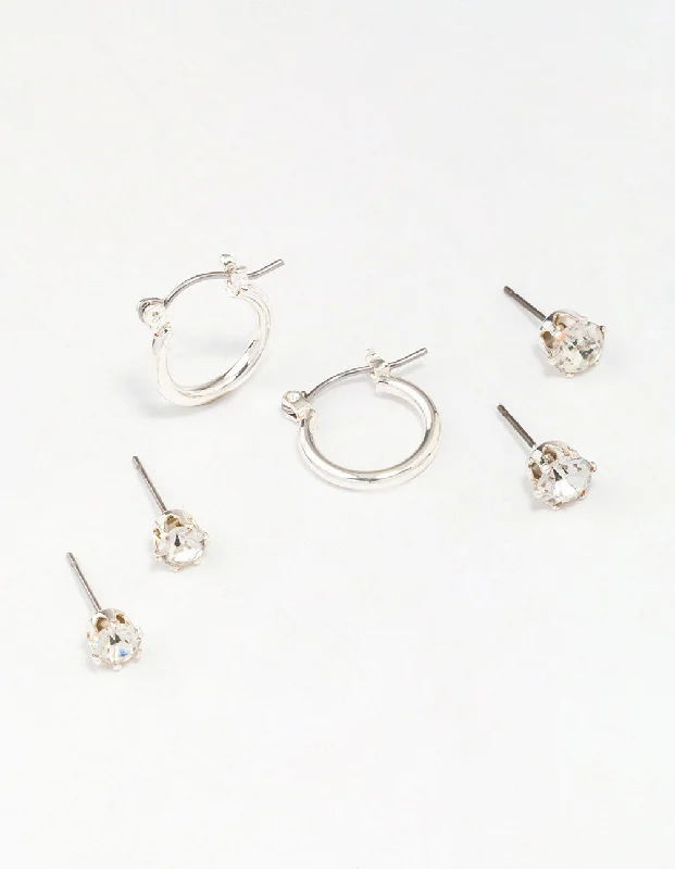 Women’s stud earrings-Silver Diamante Stud & Hoop Earring 3-Pack