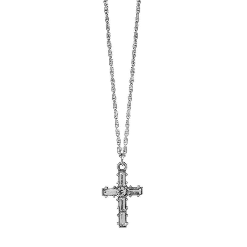 Women’s layered gold necklace-Symbols Of Faith Pewter Crystal Small Cross Pendant Necklace 16" + 3" Extender