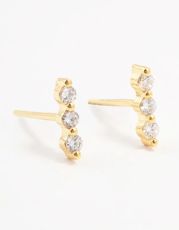 Women’s double hoop earrings-Gold Plated Sterling Silver Cubic Zirconia Bar Earrings