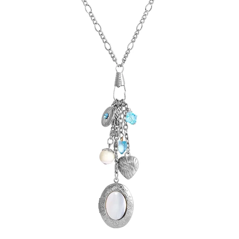 Women’s 14k gold necklace-1928 Jewelry Aquamarine Crystal Mother Of Pearl Charms And Locket Necklace 30"