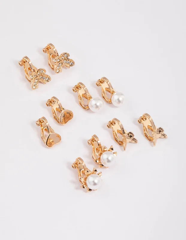 Women’s sterling silver earrings-Gold Pretty Motif Clip On Earrings 5-Pack