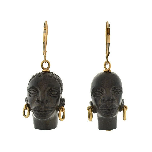 Women’s silver hoop earrings-Vintage 14kt Hand Carved Blackamoor Earrings