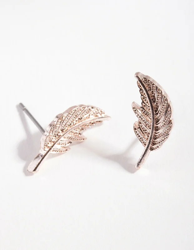 Women’s classic diamond earrings-Rose Gold Metal Feather Earrings