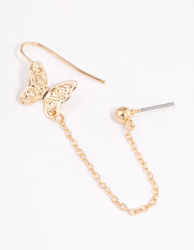 Women’s heart-shaped stud earrings-Gold Butterfly Drop Chain Earrings