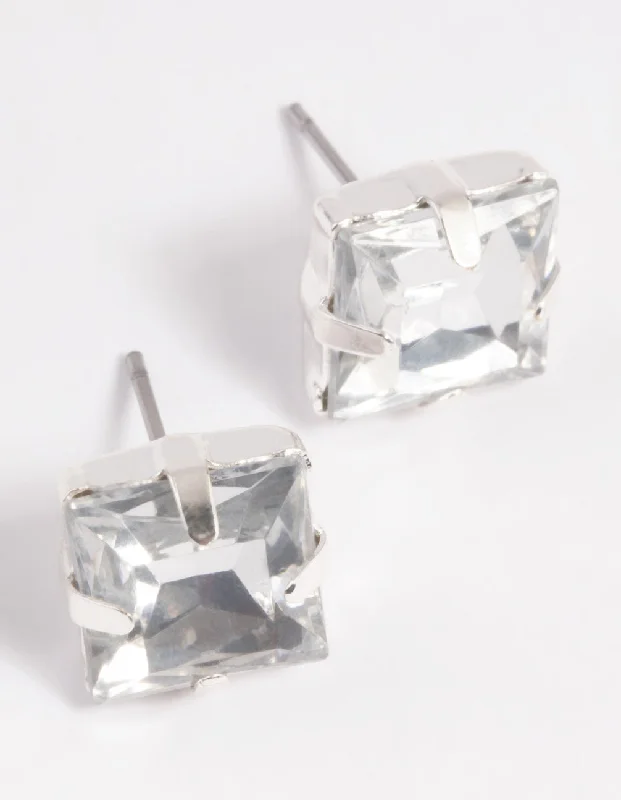 Women’s diamond hoop earrings-Silver Diamante Square Stud Earrings