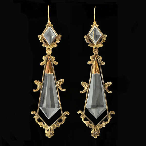 Women’s handmade earrings-Victorian Long 14kt Faceted Rock Crystal Earrings