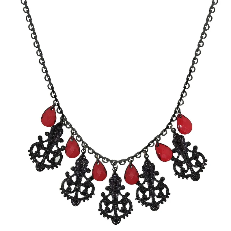 Women’s silver statement necklace-1928 Jewelry Black Royal Filigree Ornamental Red Briolette Drop Necklace 16" + 3" Extender