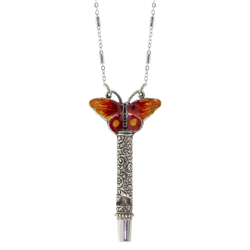 Women’s elegant statement necklace-1928 Jewelry Multicolor Enamel Butterfly Etched Filigree Whistle Necklace 30"