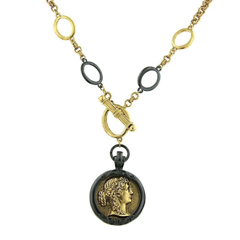 Women’s gold heart necklace-Antiquities Couture Black And Gold Grecian Cameo Pendant Necklace 18"