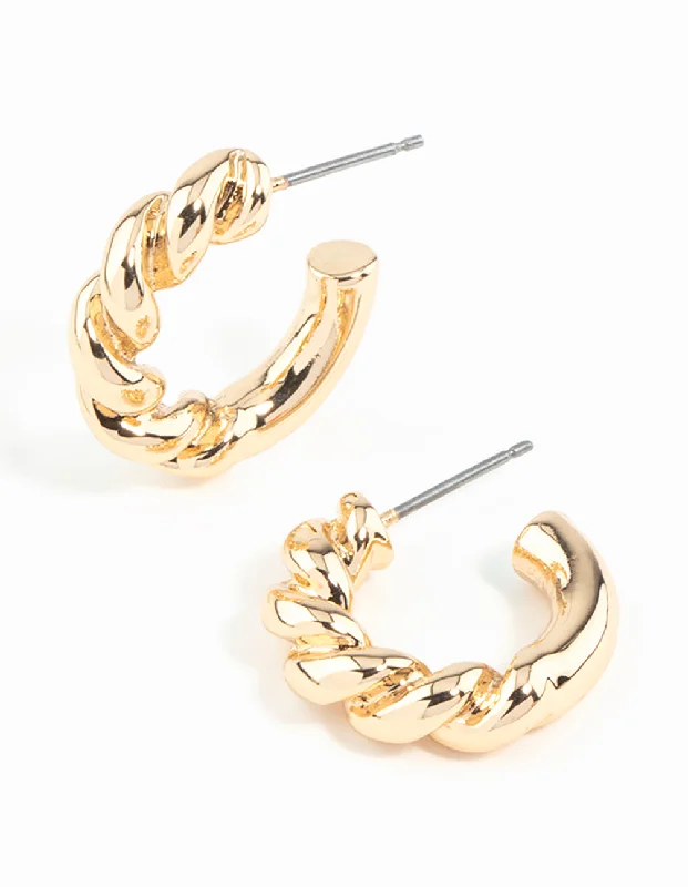 Women’s diamond drop earrings-Gold Rope Twist Huggie Earrings