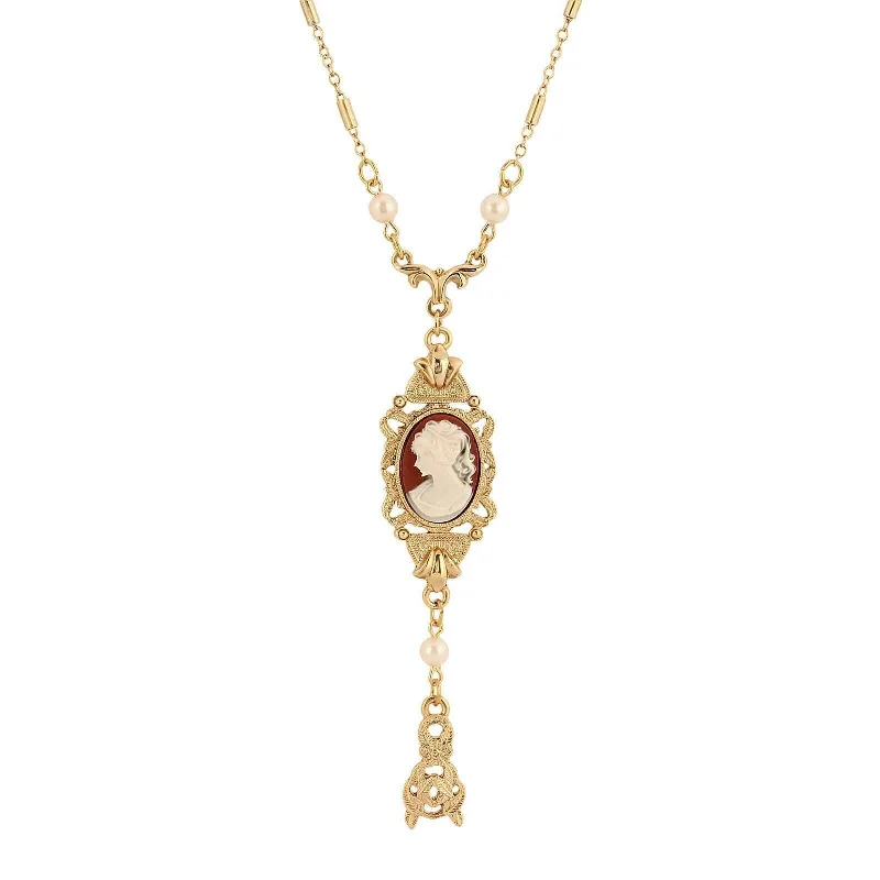 Women’s flower pendant necklace-1928 Jewelry Frances Cameo Pendant Faux Pearl & Leaf Drop 24" Necklace