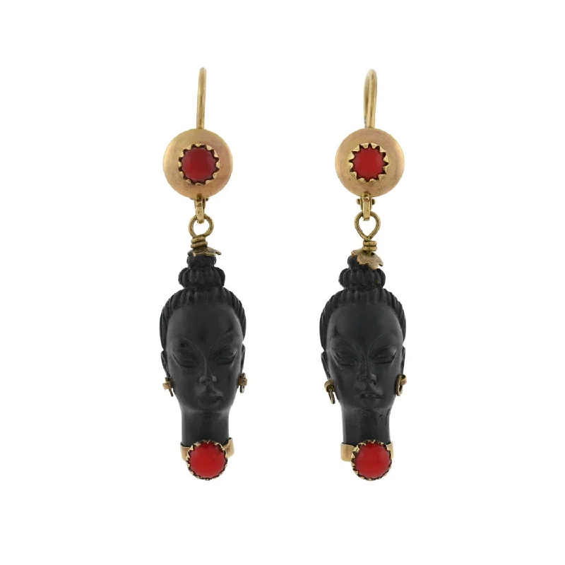 Women’s luxury earrings-Vintage 10kt Faux Coral + Carved Wood Resin Blackamoor Earrings