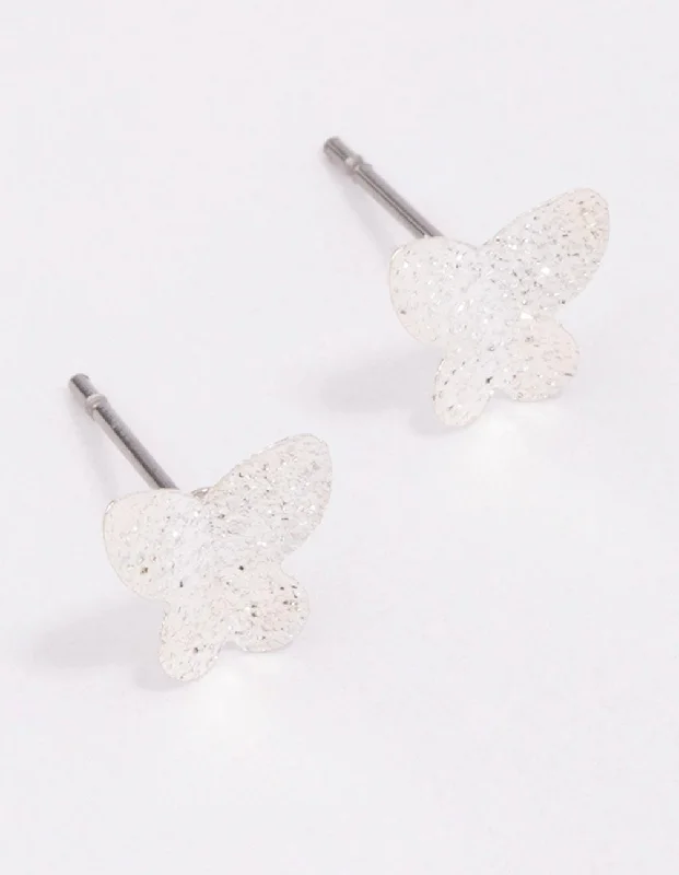 Women’s gemstone drop earrings-Silver Sandblast Butterfly Stud Earrings