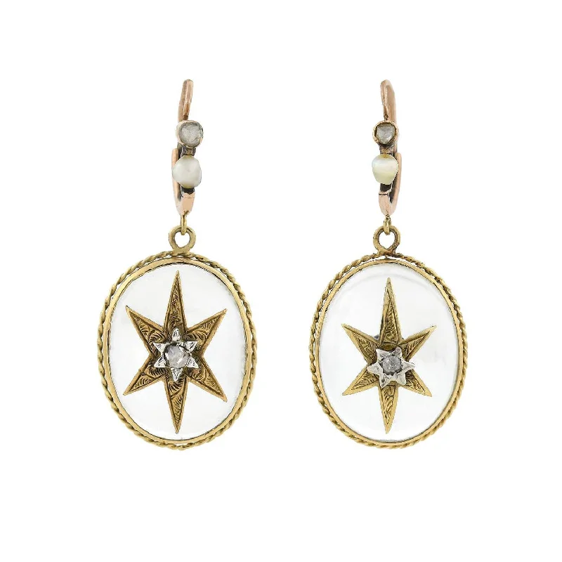 Women’s floral drop earrings-Victorian 15kt Rock Crystal, Diamond + Pearl Star Motif Earrings