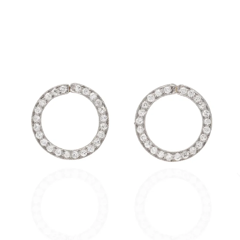 Women’s intricate design earrings-Art Deco Platinum + Diamond Circle Earrings 2ctw