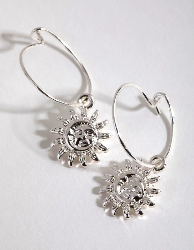 Women’s minimalistic earrings-Silver Simple Sun Hoop Earrings