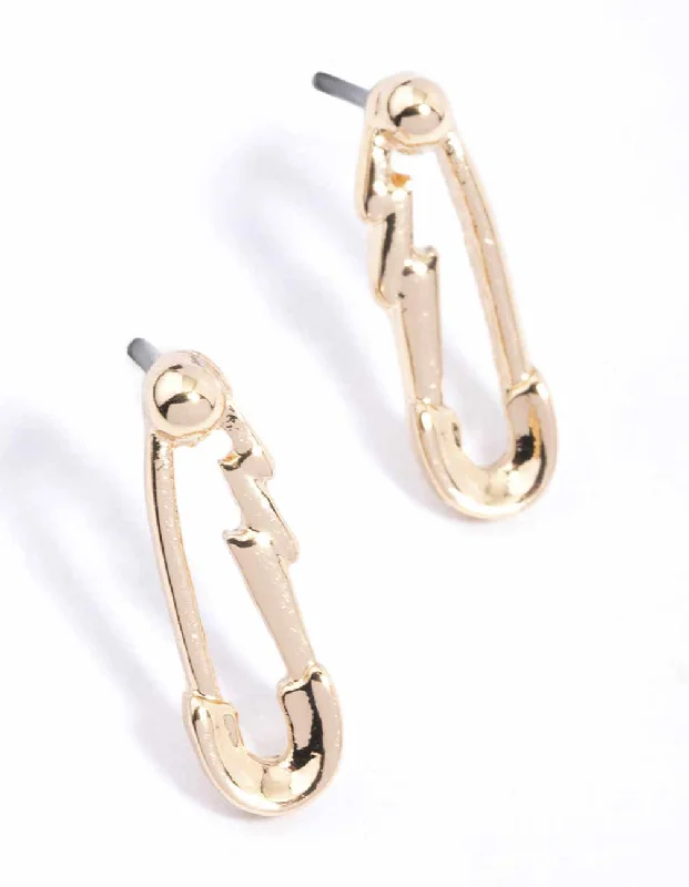 Women’s silver hoop earrings-Gold Zig Zag Safety Pin Stud Earrings