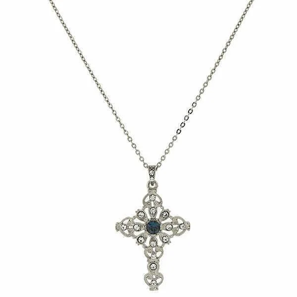 Women’s vintage necklace-Symbols Of Faith Blue And Crystal Cross Pendant Necklace 16" + 3" Extender