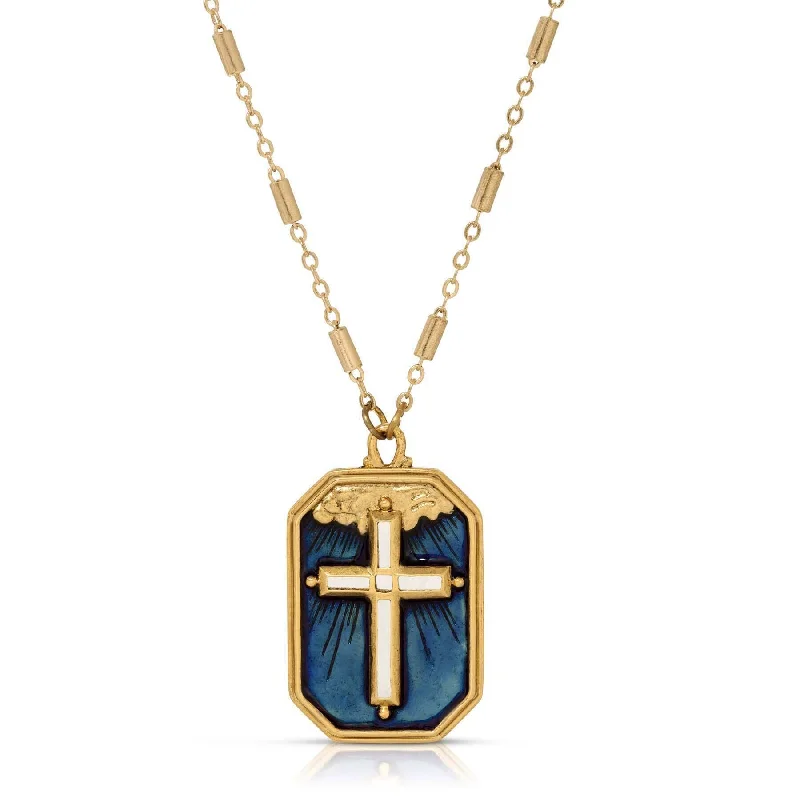 Women’s vintage gold necklace-Symbols Of Faith Radiant Cross In The Blue Sky Enamel Pendant Necklace 24"