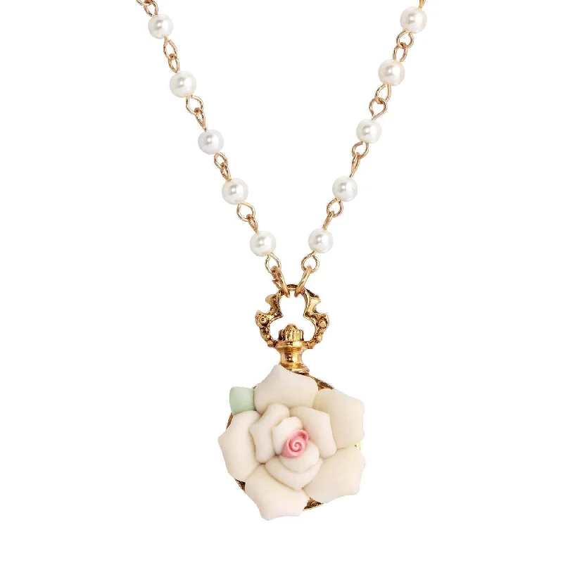 Women’s vintage necklace-1928 Jewelry White Garden Porcelain Rose Faux Pearl Necklace 16" + 3" Extender