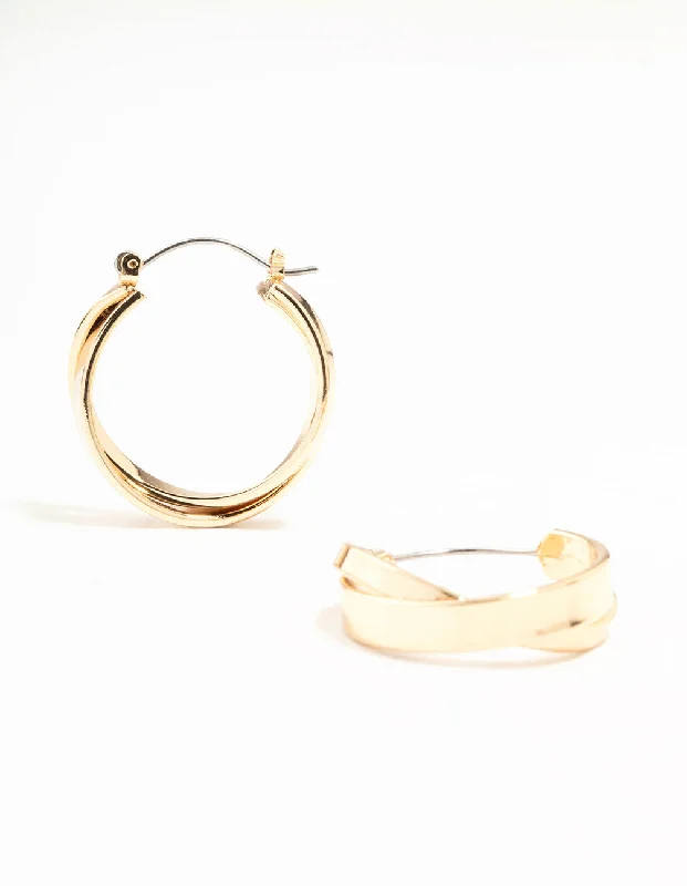 Women’s statement earrings-Gold Medium Crossover Hoop Earrings