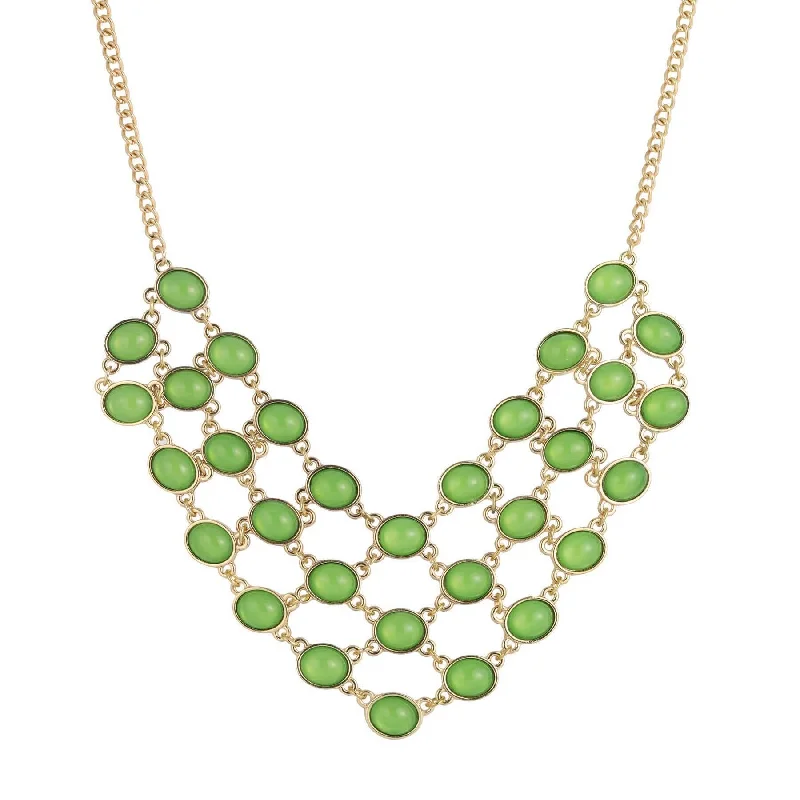 Women’s elegant gold necklace-2028 Jewelry Green Cabachon Bib Necklace 16" + 3" Extender