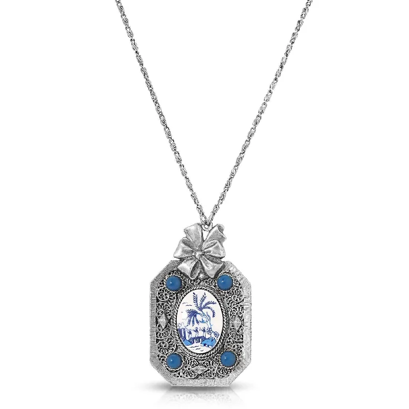 Women’s layered necklace with charms-1928 Jewelry Blue Willow Octagon Pendant Mirror Necklace 30"