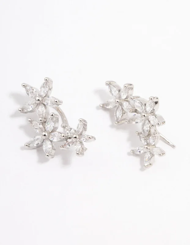 Women’s sterling silver hoops-Silver Cubic Zirconia Graduating Flower Stud Earrings