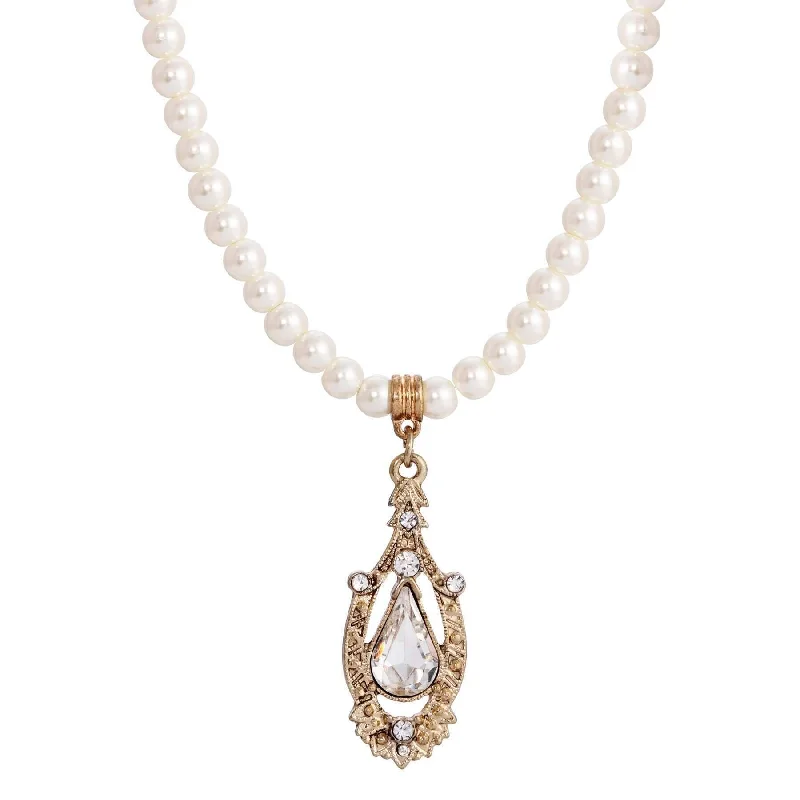 Women’s boho pendant necklace-1928 Jewelry Ceremony 5mm Faux Pearl Strand Teardrop Crystal Pendant Necklace 14.5"