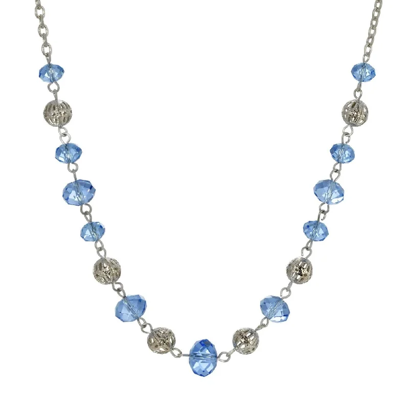 Women’s modern pendant necklace-1928 Jewelry Filigree Puff Bead Blue Crystal Chain Necklace 18"