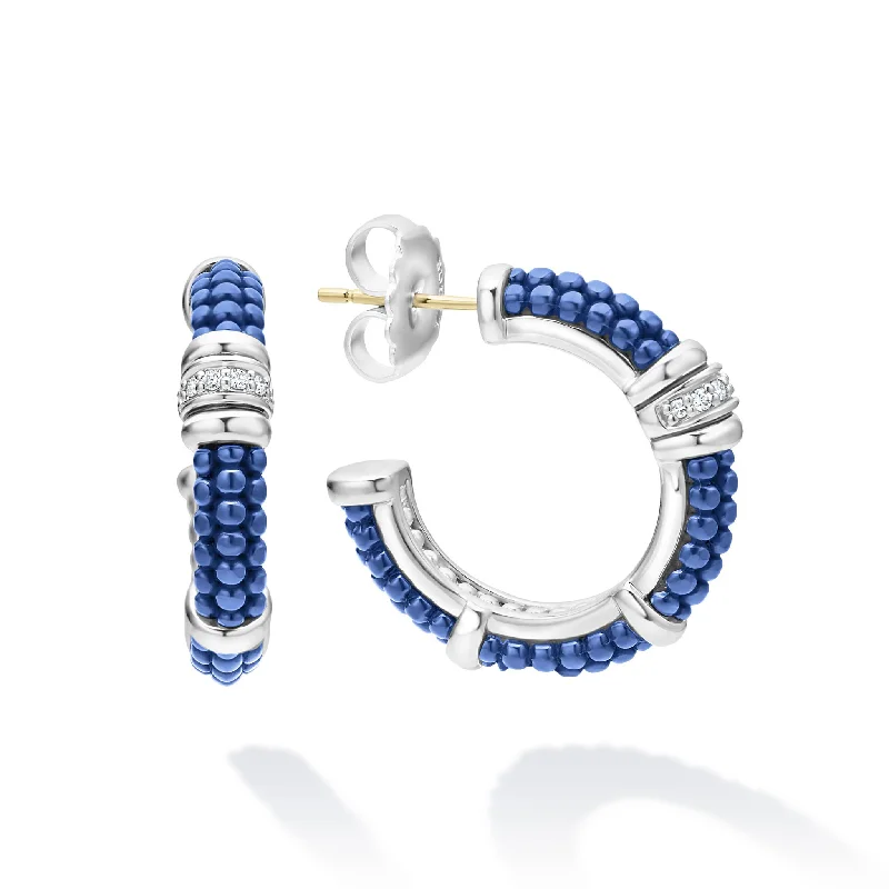 Women’s teardrop earrings-Blue Caviar Ceramic and Diamond Hoop Earrings