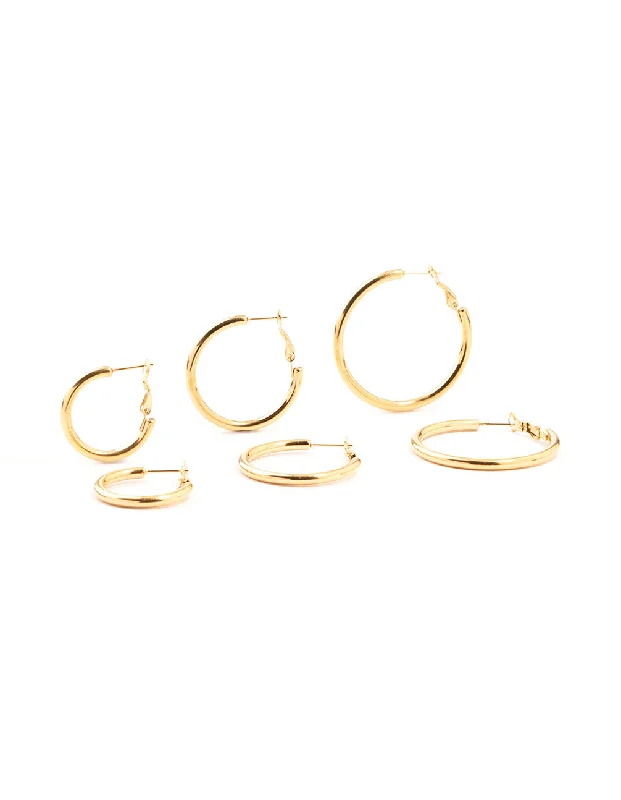 Women’s floral drop earrings-Waterproof Gold Plated Stainless Steel Large Basic Hoop Earrings 3-Pack