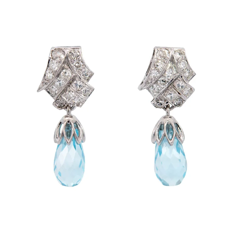 Women’s gold dangling earrings-Late Art Deco Platinum Aquamarine Briolette + Diamond Earrings