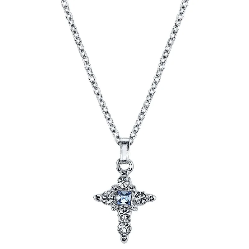 Women’s crystal drop necklace-Symbols Of Faith Light Blue Crystal Cross Pendant Necklace 16" + 3" Extender