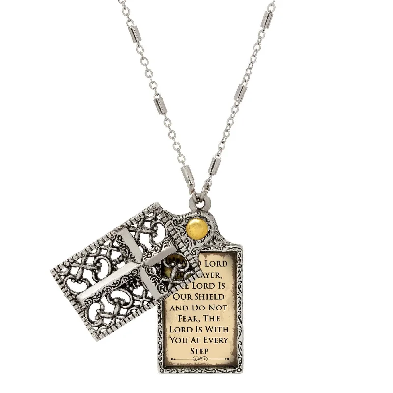 Women’s gold necklace with sapphire-Symbols Of Faith Cross and "Hear O Lord" Slide Locket Necklace 28"