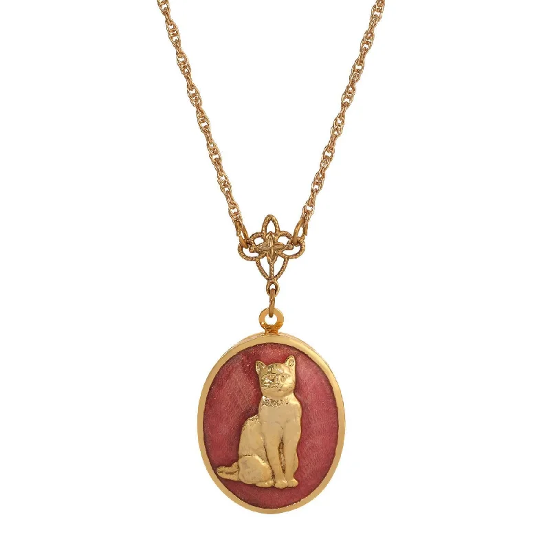 Women’s luxury necklace-1928 Jewelry Sitting Cat Oval Enamel Locket Necklace 24"