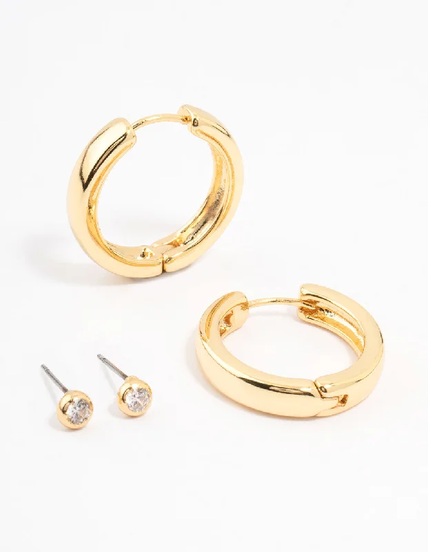 Women’s gold-plated earrings-Gold Plated Cubic Zirconia Stud & Large Hoop Earrings 2-Pack