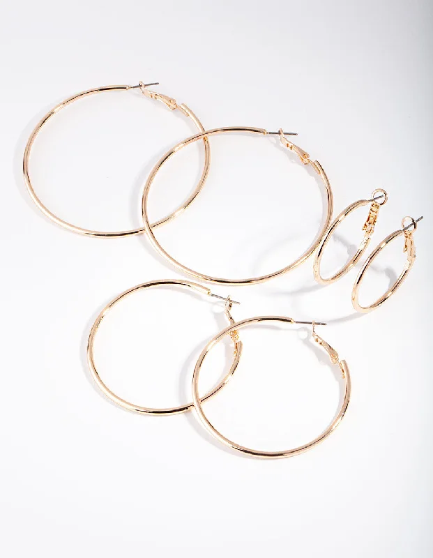 Women’s long drop earrings-Gold Plated Plain Hoop Earring Pack