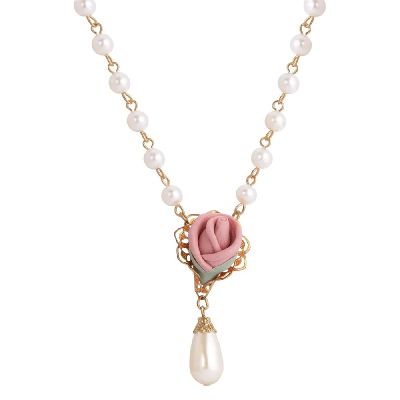 Women’s simple pendant necklace-1928 Jewelry Pink Porcelain Rose Bud Faux Pearl Pendant Necklace 15" + 3" Extension