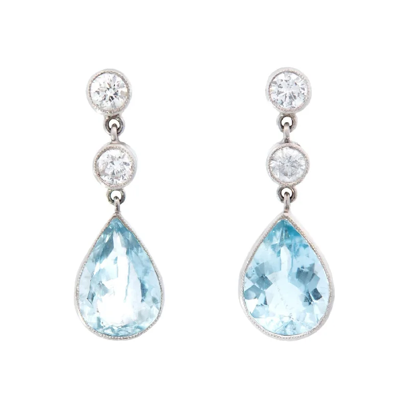 Women’s luxury pearl earrings-Retro Platinum Aquamarine and Diamond Dangle Earrings