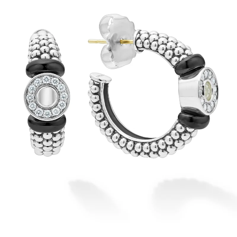 Women’s heart-shaped stud earrings-Black Caviar Ceramic and Diamond Circle Hoop Earrings