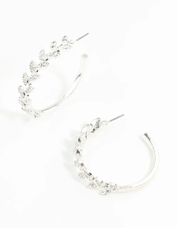 Women’s sapphire earrings-Silver Diamante Leaf Patterned Hoop Earrings