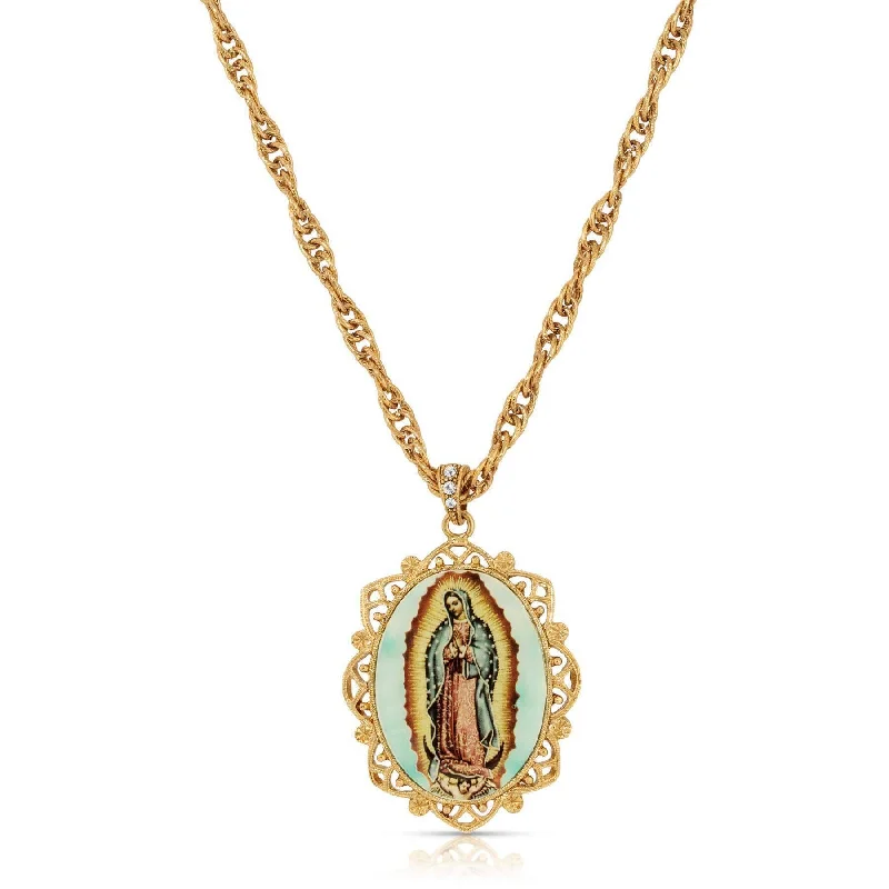 Women’s gemstone pendant necklace-Symbols Of Faith Floral Filigree Lady Of Guadalupe Pendant Necklace 28"