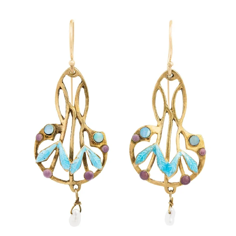 Women’s luxury drop earrings-Art Nouveau Silver Gilt Opal and Pearl Enameled Dangle Earrings